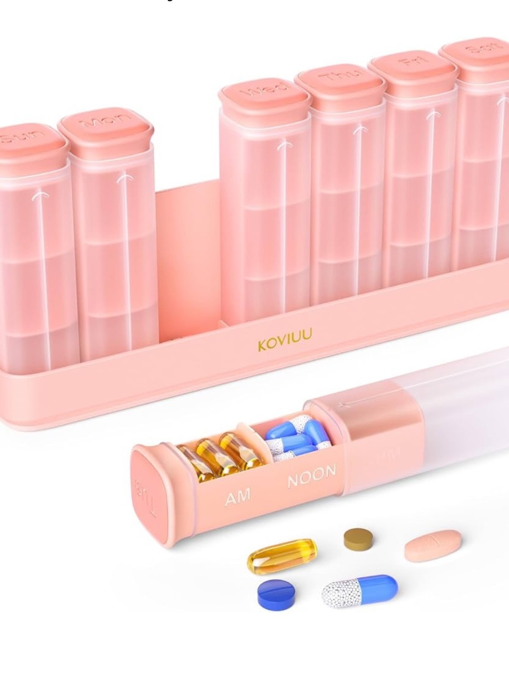 Pink 7-Day AM/Noon Pill Organizer with Detachable Tubes